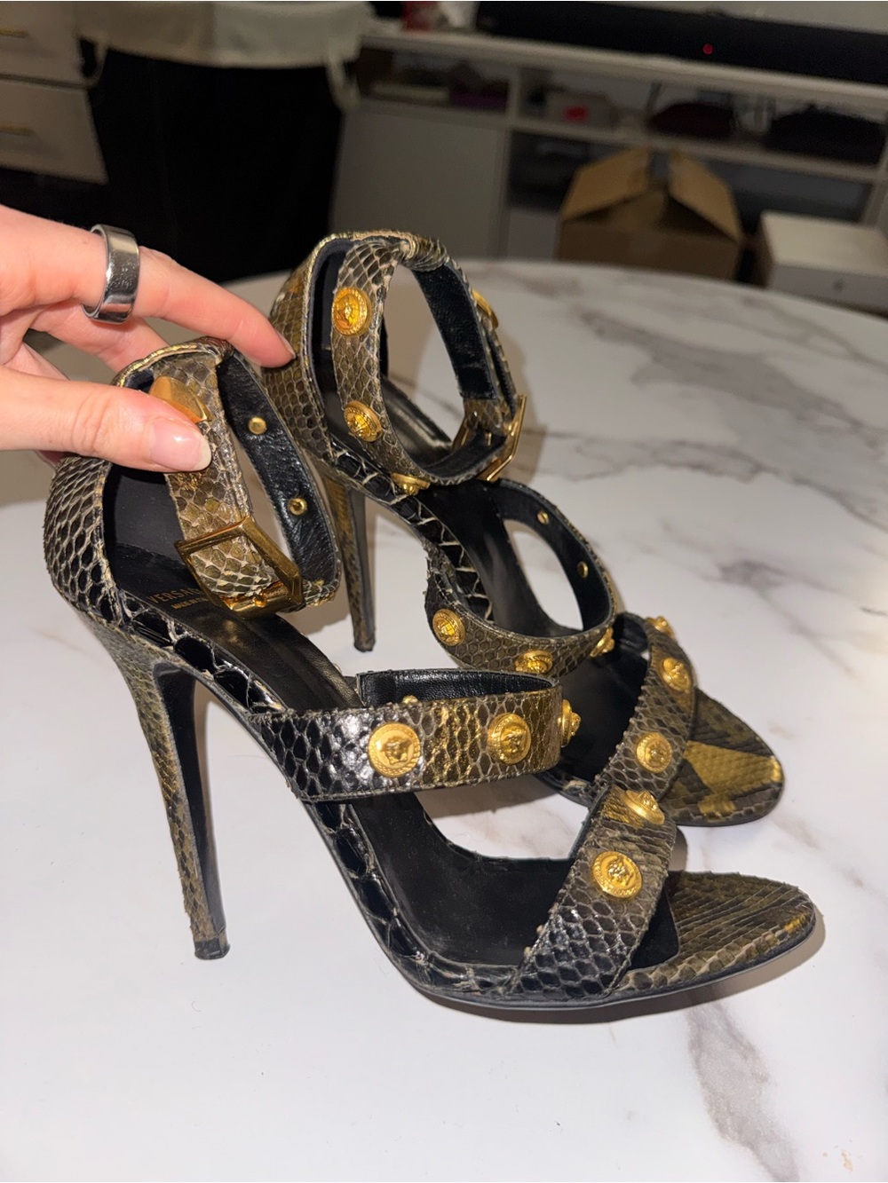 Versace Black and Gold Snakeskin-Effect High Heel Sandals